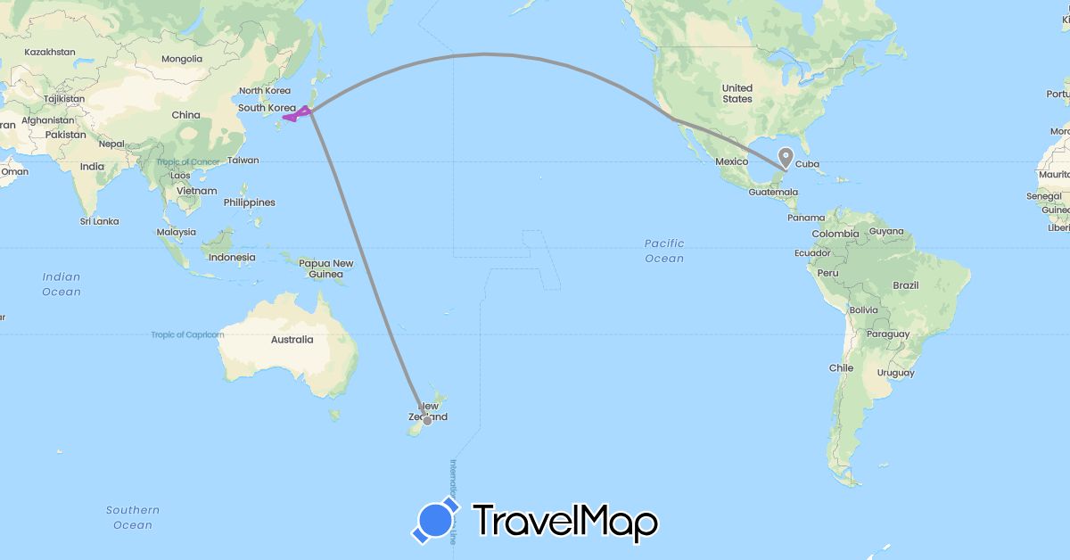 TravelMap itinerary: driving, bus, plane, train, cycling, car in Japan, Mexico, New Zealand, United States (Asia, North America, Oceania)