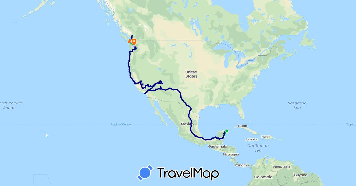 TravelMap itinerary: driving, bus, train, hiking, boat, motorbike, cycling in Canada, Mexico, United States (North America)